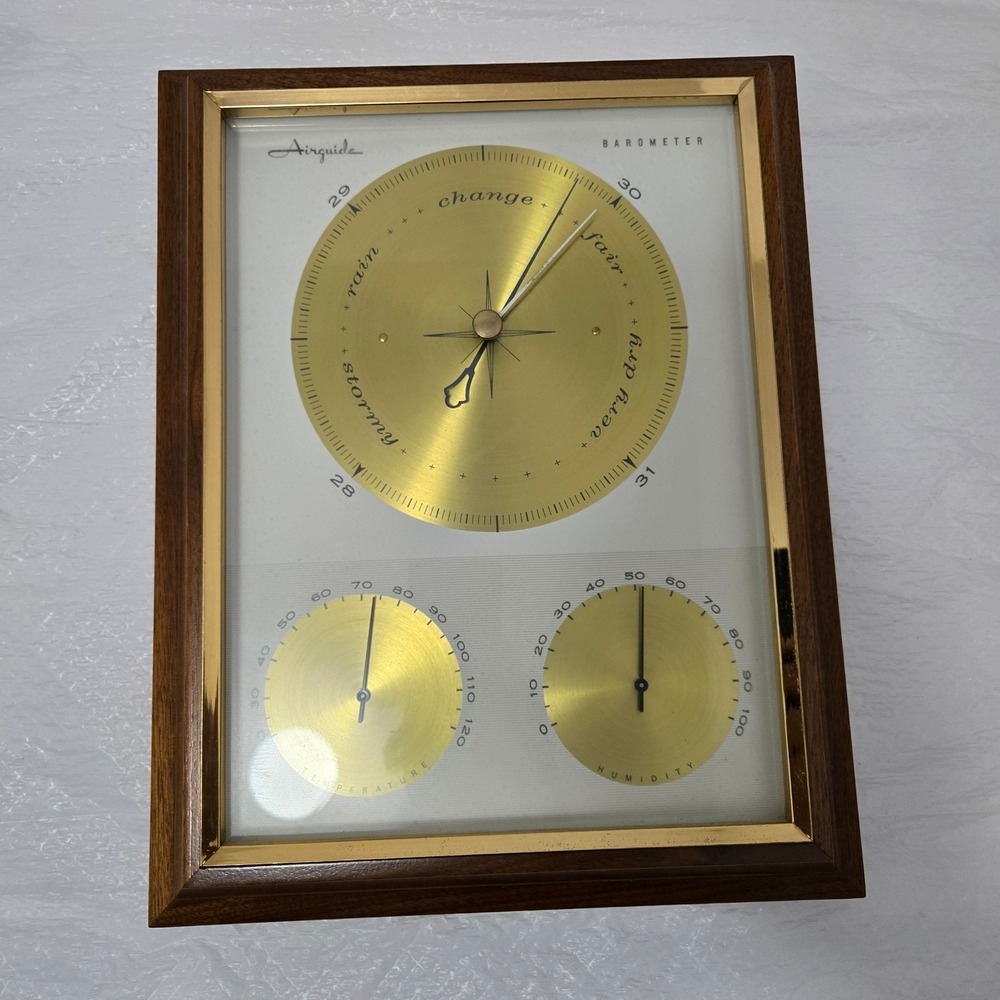 Vintage Airguide Weather Station Barometer Thermometer Humidity Wood Gold Frame